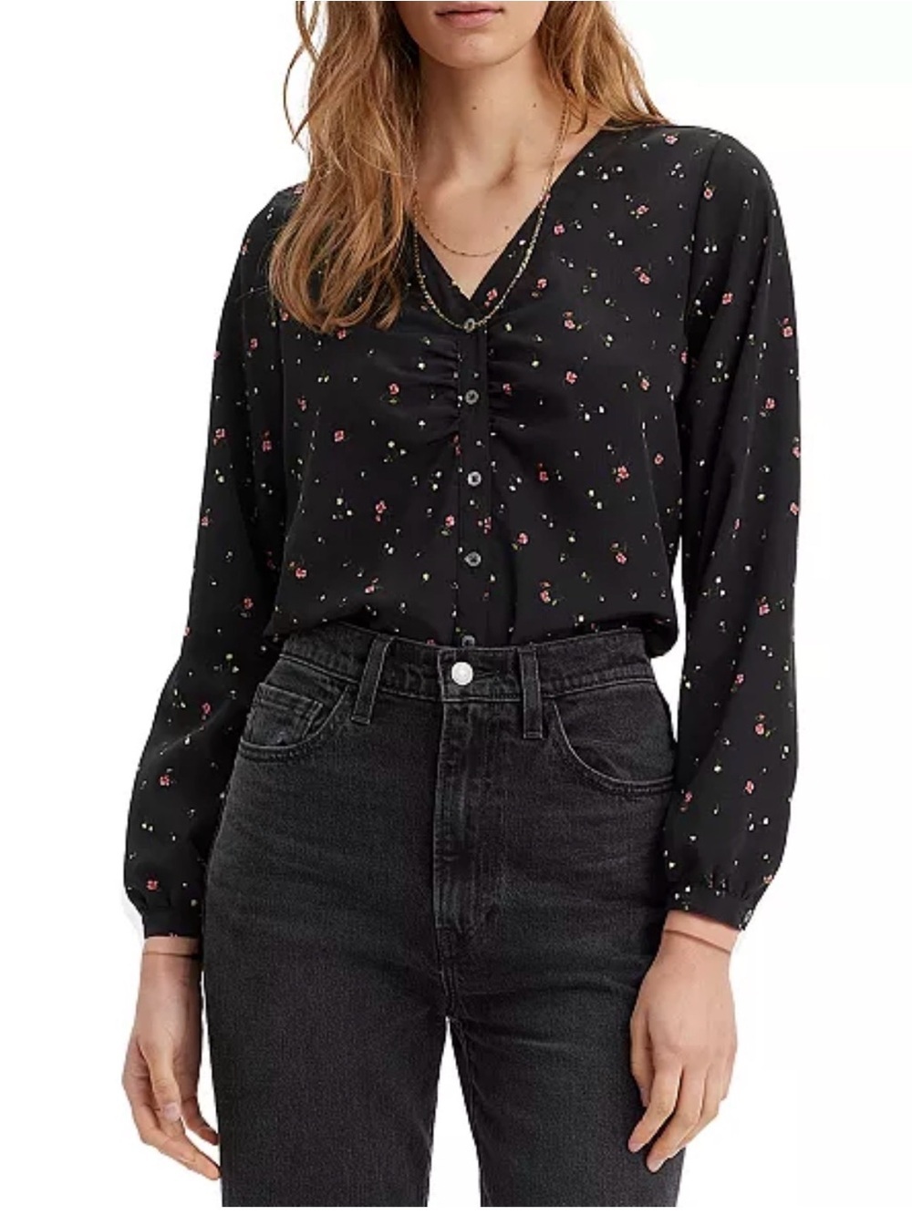 Levi’s Long-Sleeve ruched Black Floral Button-Front Women's Top